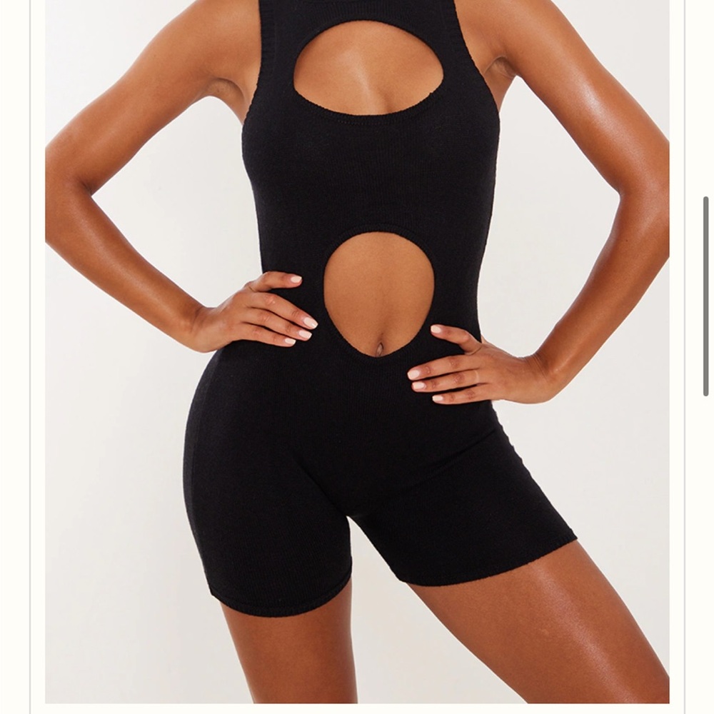 PrettyLittleThing Black Knit Romper with Cut out details